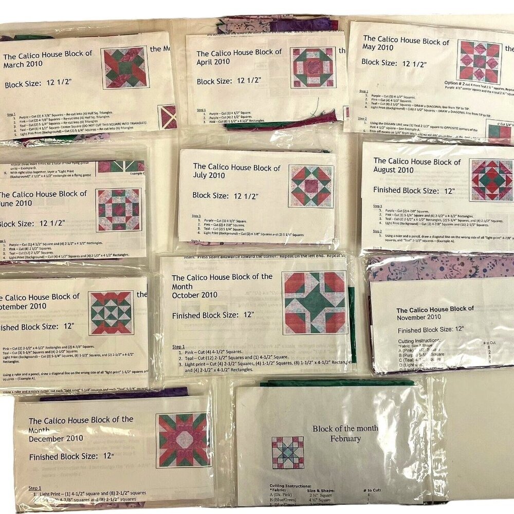 Calico 2010 Block of the month Kits 11 Blocks includes fabric